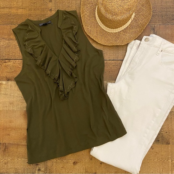 Tops - Olive Green Ruffled Sleeveless Top Small Studded Details Around Neckline